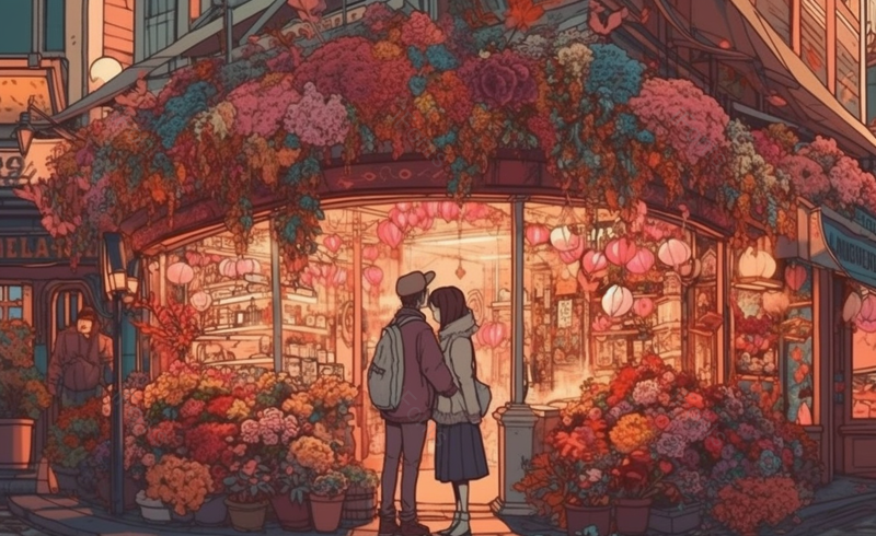 520情人节牵手约会花店的情侣,插画/手绘图,插画/手绘图库,插画/手绘图下载,插画/手绘